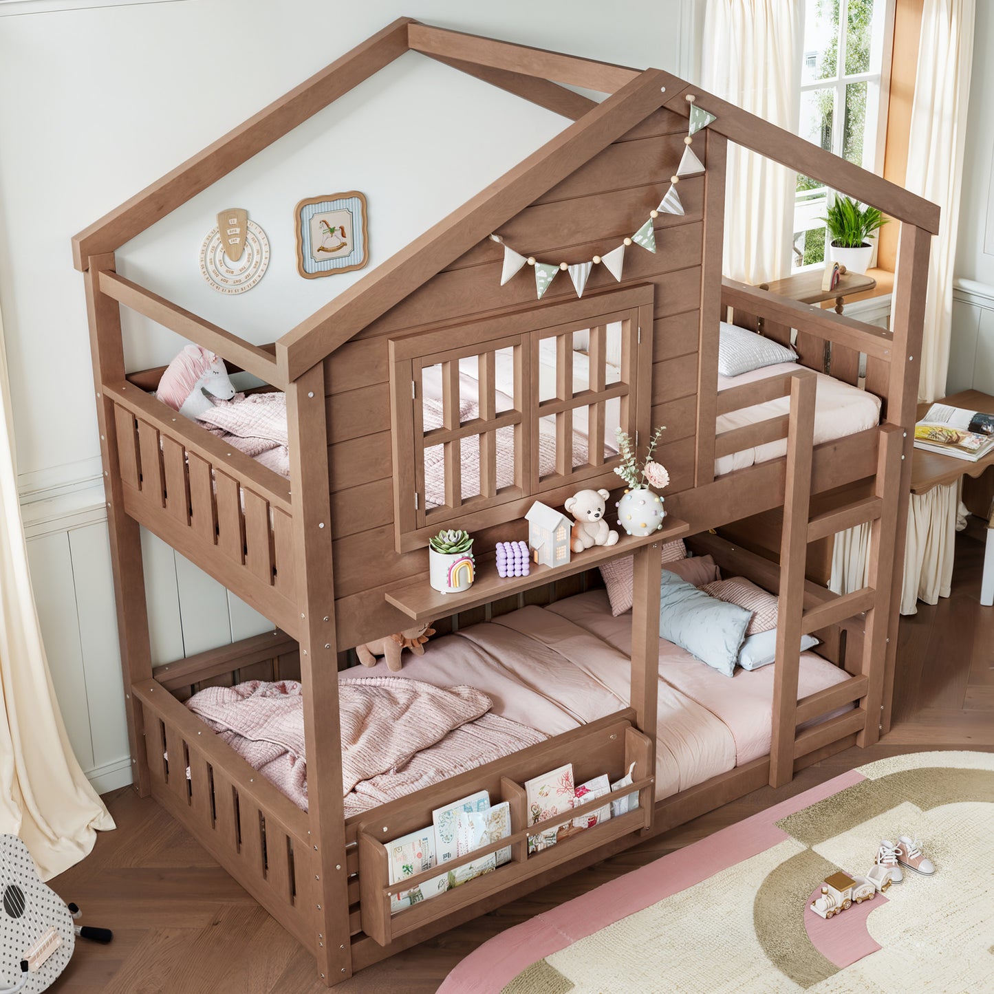 Twin Size Bunk Bed/Loft Bed with Bookshelf, House Design, High-Quality Safety Fencing,Natural image 3