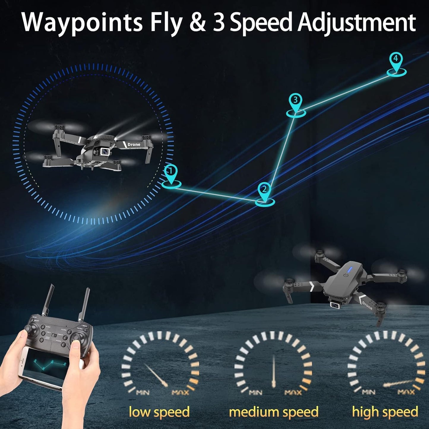 Drone With Camera for Adults Beginners Kids, Foldable RC Quadcopter, Toys Drone, 1080P FPV Video, 2 Batteries, Carrying Case, One Key Start, Headless Mode, Waypoints fly, 360° Flips