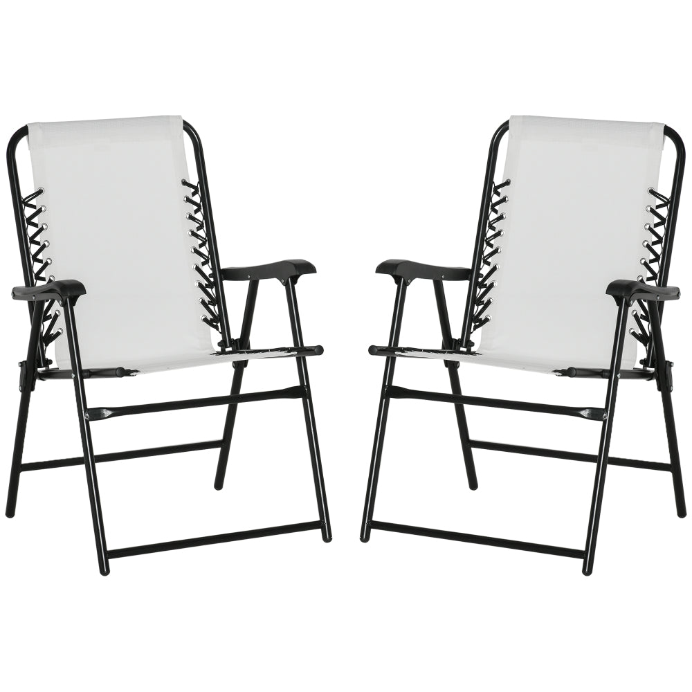 Outsunny Set of 2 Patio Folding Chairs, Outdoor Bungee Sling Chairs w/ Armrests, Portable Lawn Chairs for Camping, Garden, Pool, Beach, Backyard, Cream White