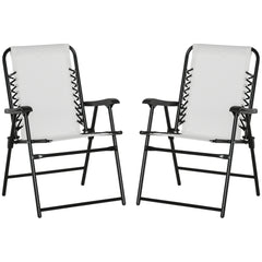 Outsunny Set of 2 Patio Folding Chairs, Outdoor Bungee Sling Chairs w/ Armrests, Portable Lawn Chairs for Camping, Garden, Pool, Beach, Backyard, Cream White