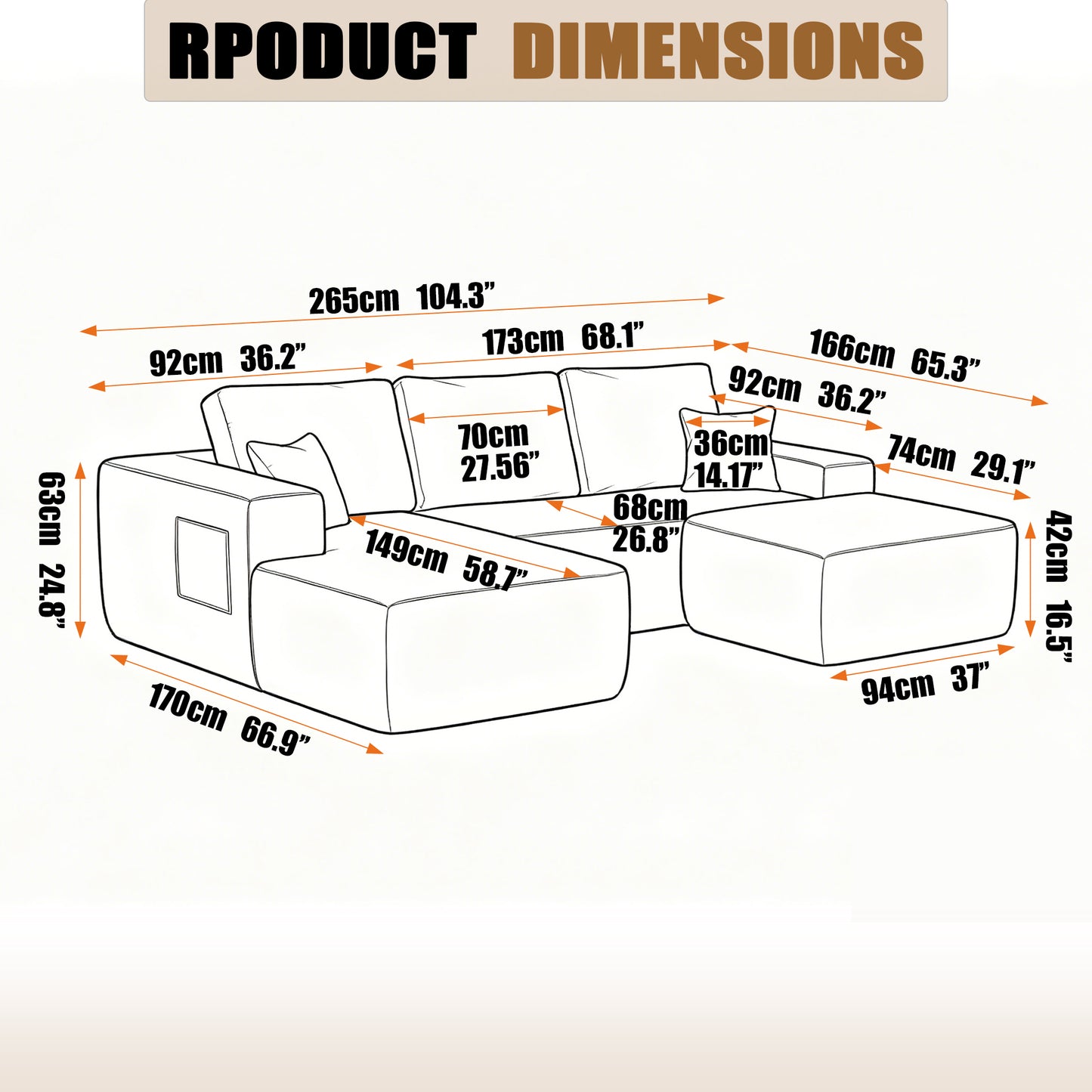 104''Cloud Sectional Couch with U-Shaped Chaise,Modern Modular Sofa with Deep Seat, Upholstered Couches for Living Room Bedroom,No Assembly Required,(Plush Fabric),Beige image 6