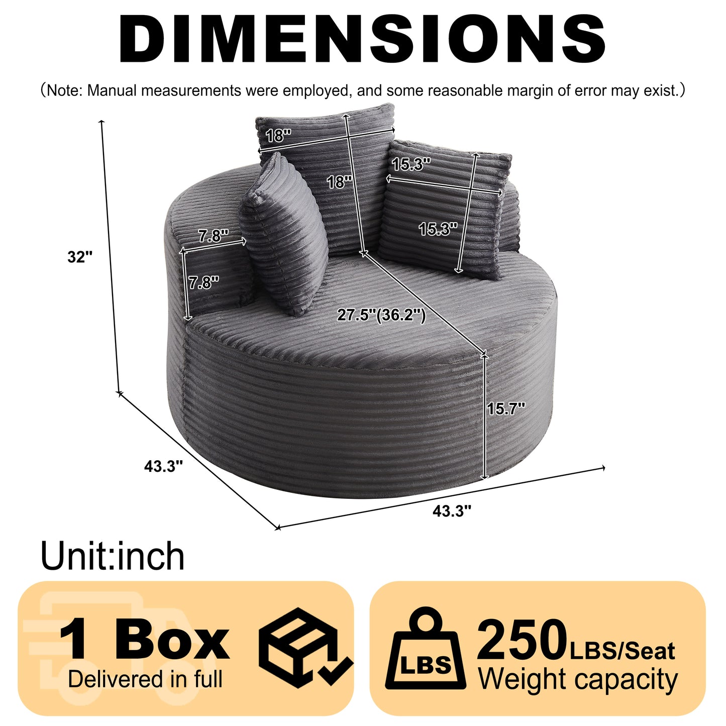 43-inch round corduroy single sofa, comfortable lounge chair, comes with three pillows, minimalist design, perfect for bedrooms, lounges, game rooms, and living rooms image 4