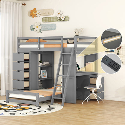 Twin over Twin Bunk Bed with LED Light and USB Ports, Gray(OLD SKU:LT001218AAE-1) image 1