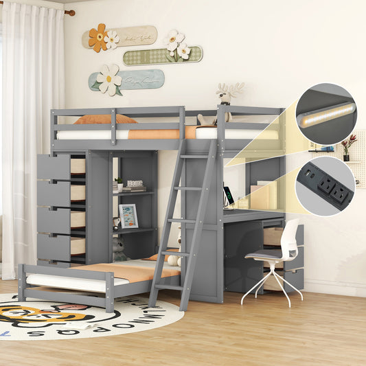 Twin over twin bunk bed with LED lights and USB ports in gray - front view