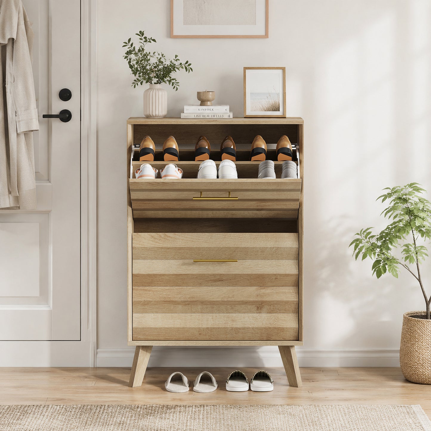 23.6-inch Oak Wood Slim Flip-Top Shoe Cabinet, Mid-century Modern Freestanding Shoe Cabinet, Home Entryway Double Flip-Top Door Large Capacity Narrow Style Shoe Rack image 11