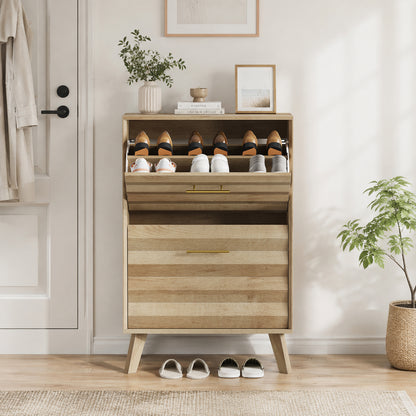 23.6-inch Oak Wood Slim Flip-Top Shoe Cabinet, Mid-century Modern Freestanding Shoe Cabinet, Home Entryway Double Flip-Top Door Large Capacity Narrow Style Shoe Rack image 11