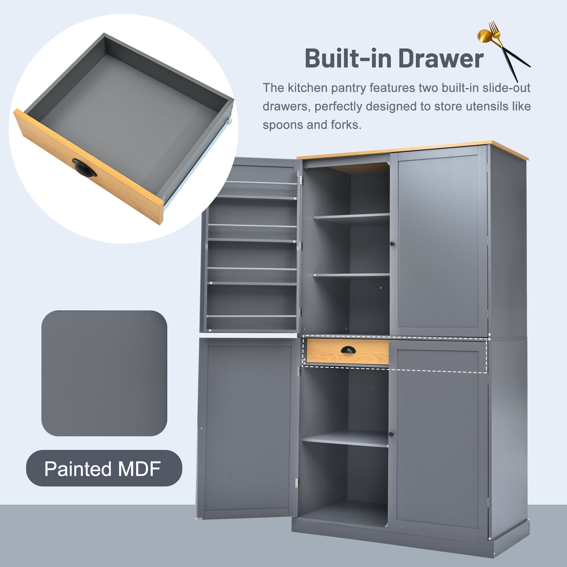 [Assembly Video Provided]TOPMAX 40.2x20x71.3inch High Freestanding Kitchen Pantry Large Cupboard Storage Cabinet with 2 Drawers, 2 Adjustable Shelves, 8 Door Shelves for Kitchen, Dining Room,Gray image 6