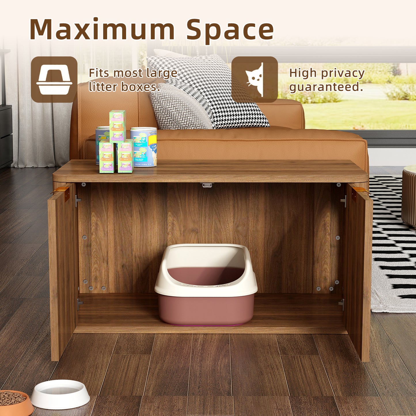 31.5" Walnut Cat Litter Box Enclosure Furniture, Large Decorative Hidden Litter Box Cabinet, Fluted Mid Century Modern Kitty End Table for Living Rooms, Bedrooms, Entryways (WALNUT) image 10