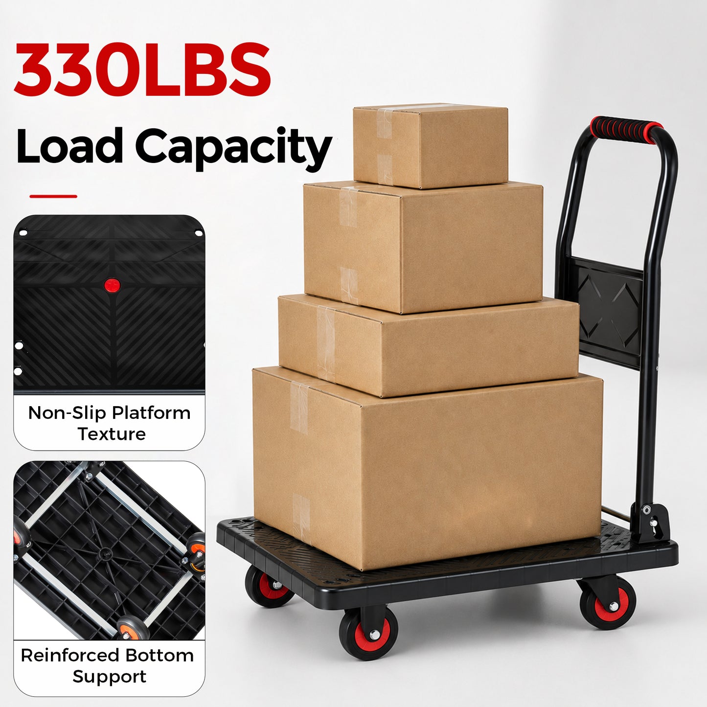 28-3/4" Long x 18-3/4" Wide Platform Truck, Foldable Handcart with 4'' TPR 360-Degree Silent Wheels, 330lbs Heavy-Duty Push Dolly Cart, 4 Steel Load-Bearing Beams for Warehouse Garage Home Use image 3