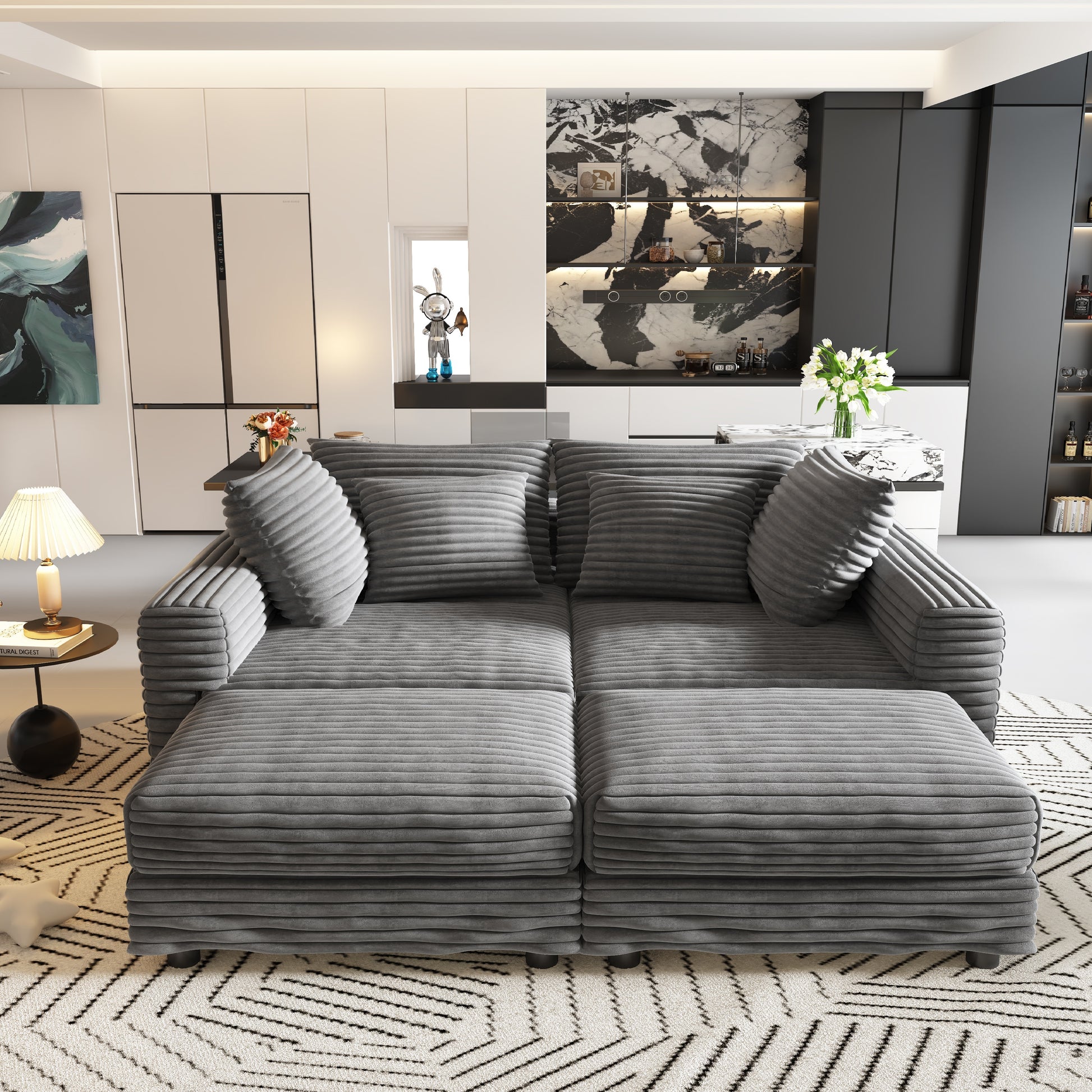 102.4 "Plush Corduroy 4-Seat Sofa,Modern Comfy Upholstered Sofa Cloud Couch,Deep Seat Couches with Soft Pillows and 2 Ottomans,Convertible Sofa Lounge Chair,Grey(Old SKU:W1885S00279) image 8