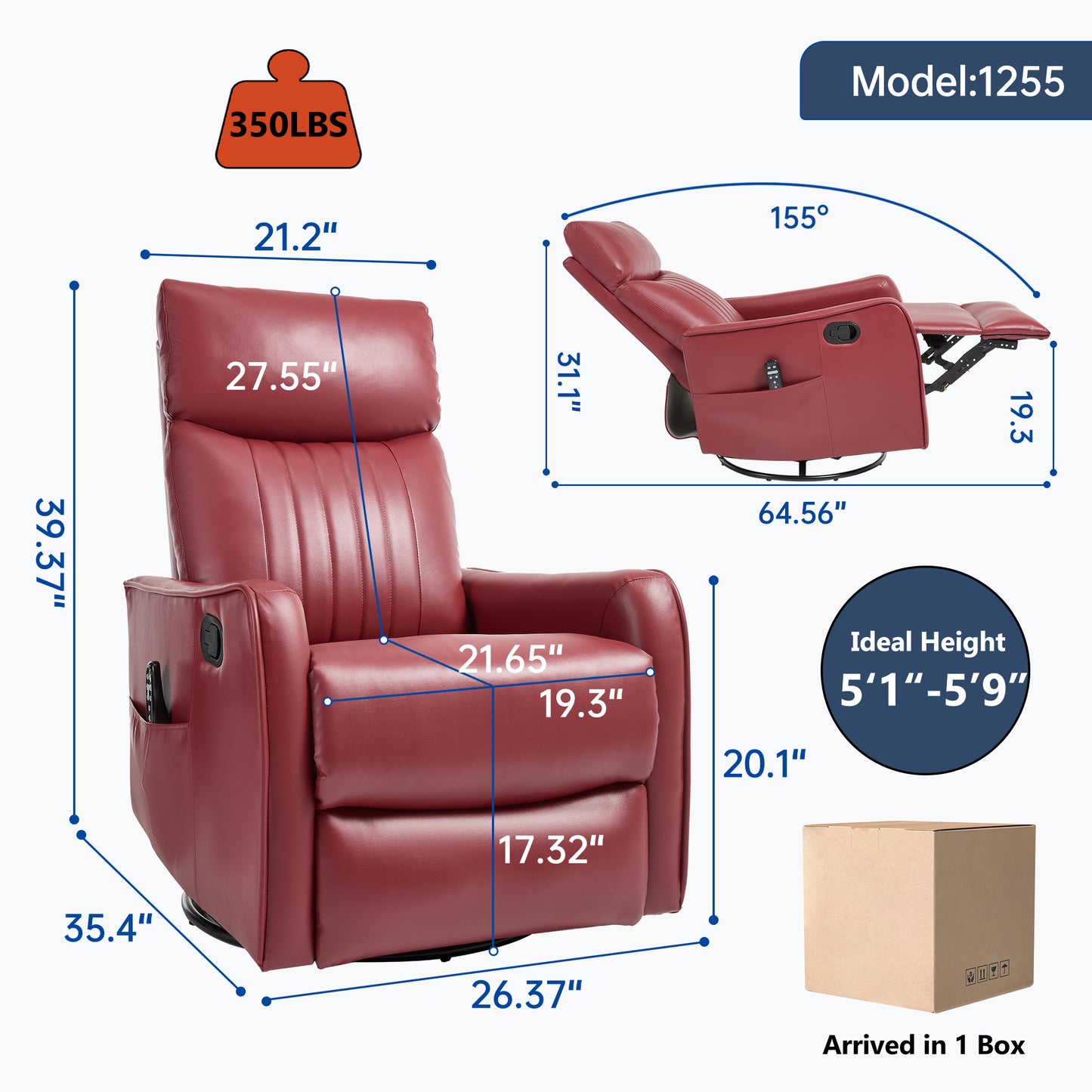 Red Faux Leather Heat Massage Manual Recliner Chair with Rocker and Swivel for Living Room image 2