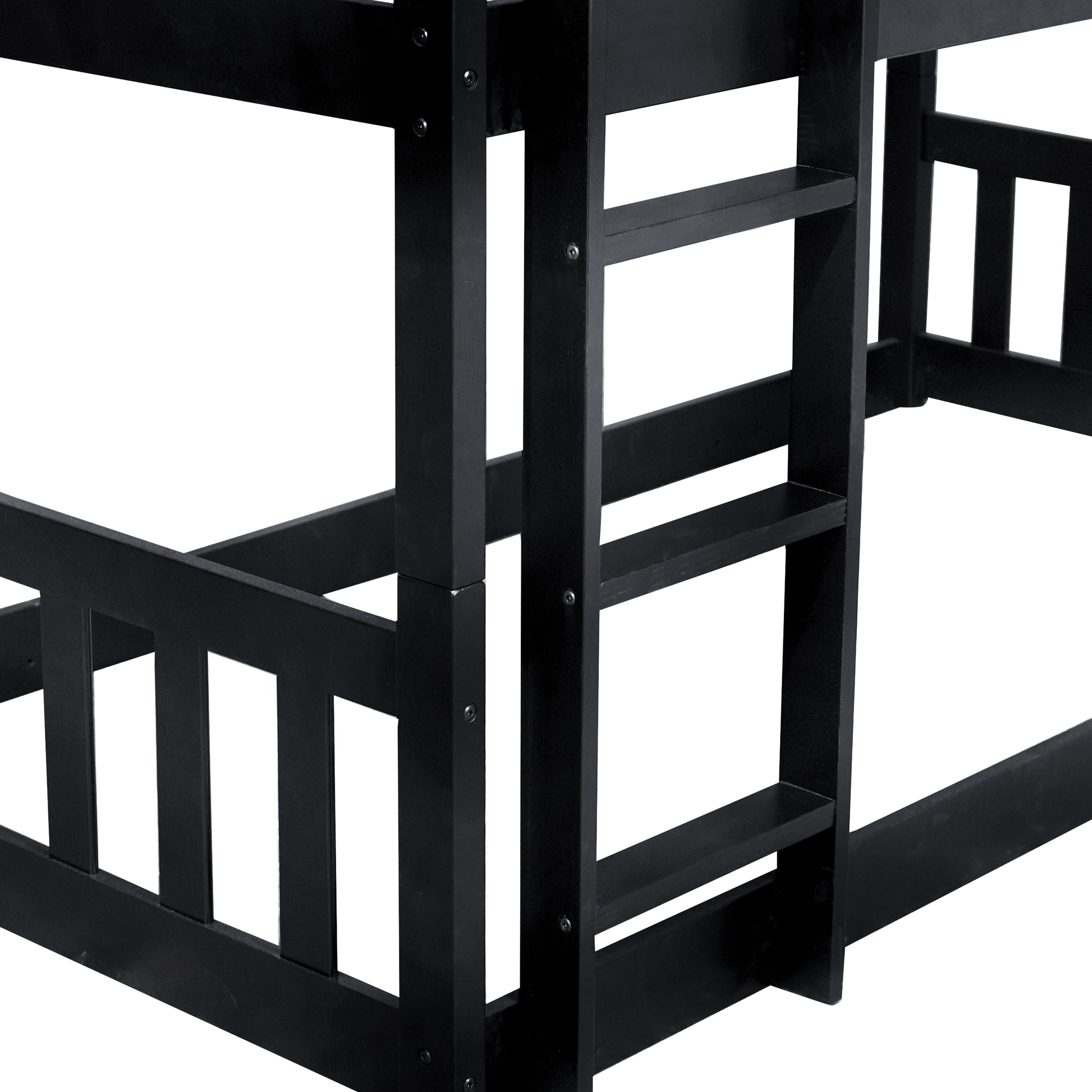 Twin Size Triple Rubber Wood Bunk Bed, with Ladders, Guardrails Detachable Bunk Bed, Twin over Twin over Twin,Black image 2