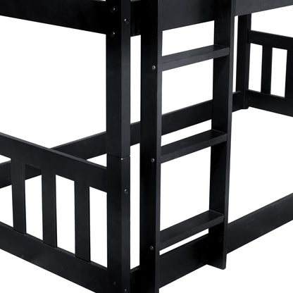 Twin Size Triple Rubber Wood Bunk Bed, with Ladders, Guardrails Detachable Bunk Bed, Twin over Twin over Twin,Black image 2