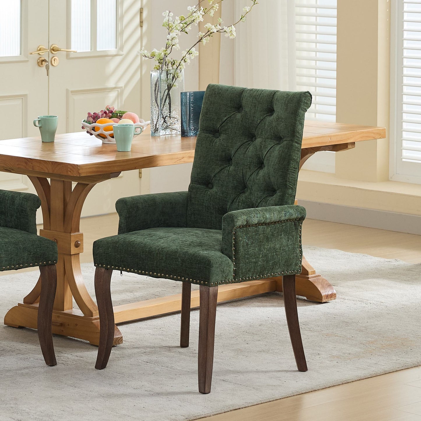 Upholstered Chenille Fabric Accent Dining Chair, Curved Solid Wood Legs, Elegant Tufted Club Dining Room Kitchen Room Arm Dining Chair, Single Pack,Olive Green,SW1895OL image 1