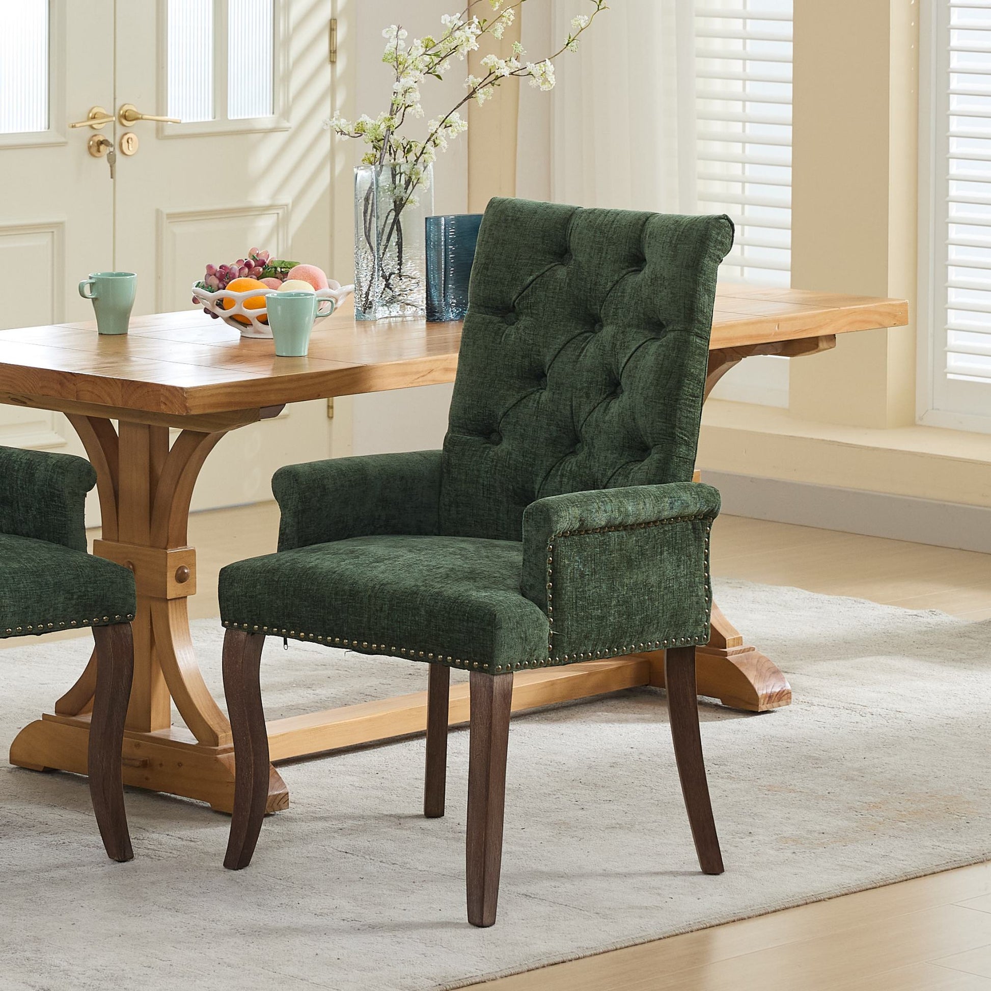 Upholstered Chenille Fabric Accent Dining Chair, Curved Solid Wood Legs, Elegant Tufted Club Dining Room Kitchen Room Arm Dining Chair, Single Pack,Olive Green,SW1895OL image 1