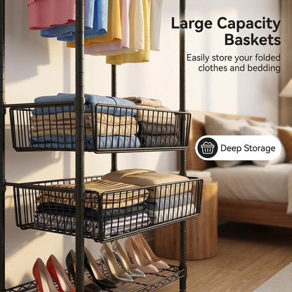 Heavy Duty Clothes Rack, Freestanding Garment Rack with 4 Hanging Rods & 2 Wire Baskets, Large Size Clothing Rack with Adjustable Wire Shelves, 68.5" W x 17.1" D x 76.4" H, Black image 5