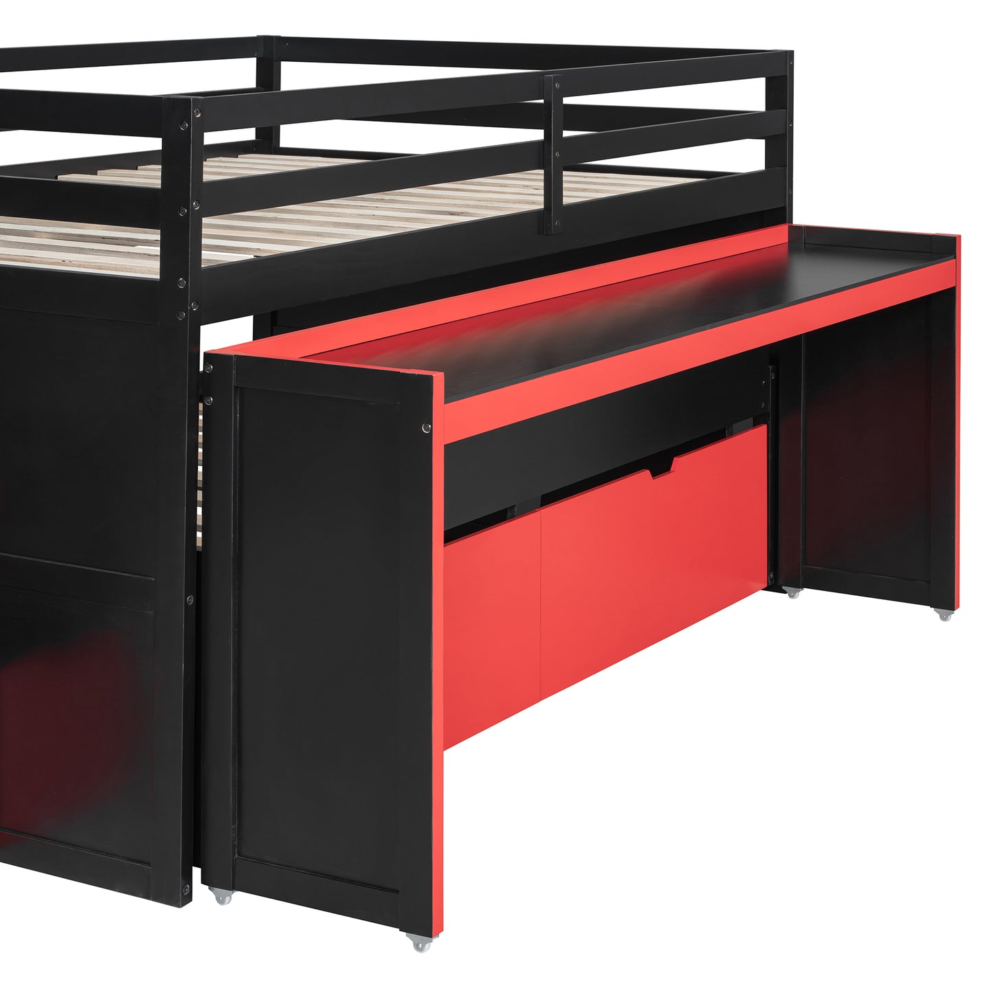 Full XL Loft Bed with Pull-Out Desk and Twin Trundle, Multi-Functional Bunk Bed with 2 Storage Drawers and Storage Steps, Space-Saving Gaming & Workstation Bedframe, Black+Red image 7