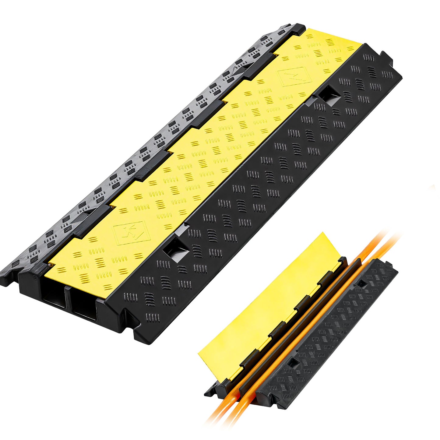 Cable Protector Ramp, 22,000 lbs/axle Capacity, 2 Channel Heavy Duty Rubber Cord Hose Wire Cover, 2.2 x 2 in Channel, Traffic Speed Bump with Flip-Open Top Cover, for Indoor Outdoor, 1 Pack image 1
