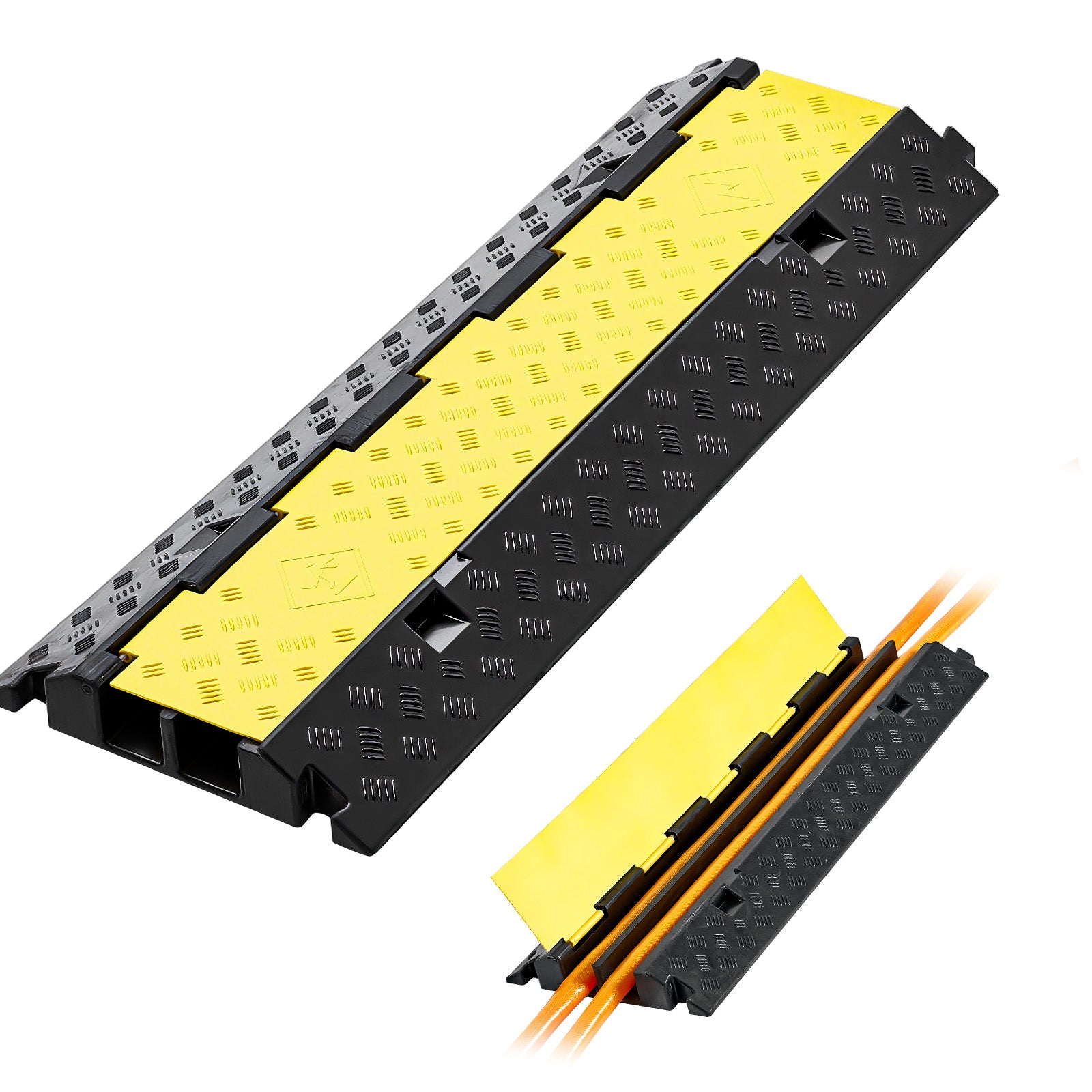 Cable Protector Ramp, 22,000 lbs/axle Capacity, 2 Channel Heavy Duty Rubber Cord Hose Wire Cover, 2.2 x 2 in Channel, Traffic Speed Bump with Flip-Open Top Cover, for Indoor Outdoor, 1 Pack image 1