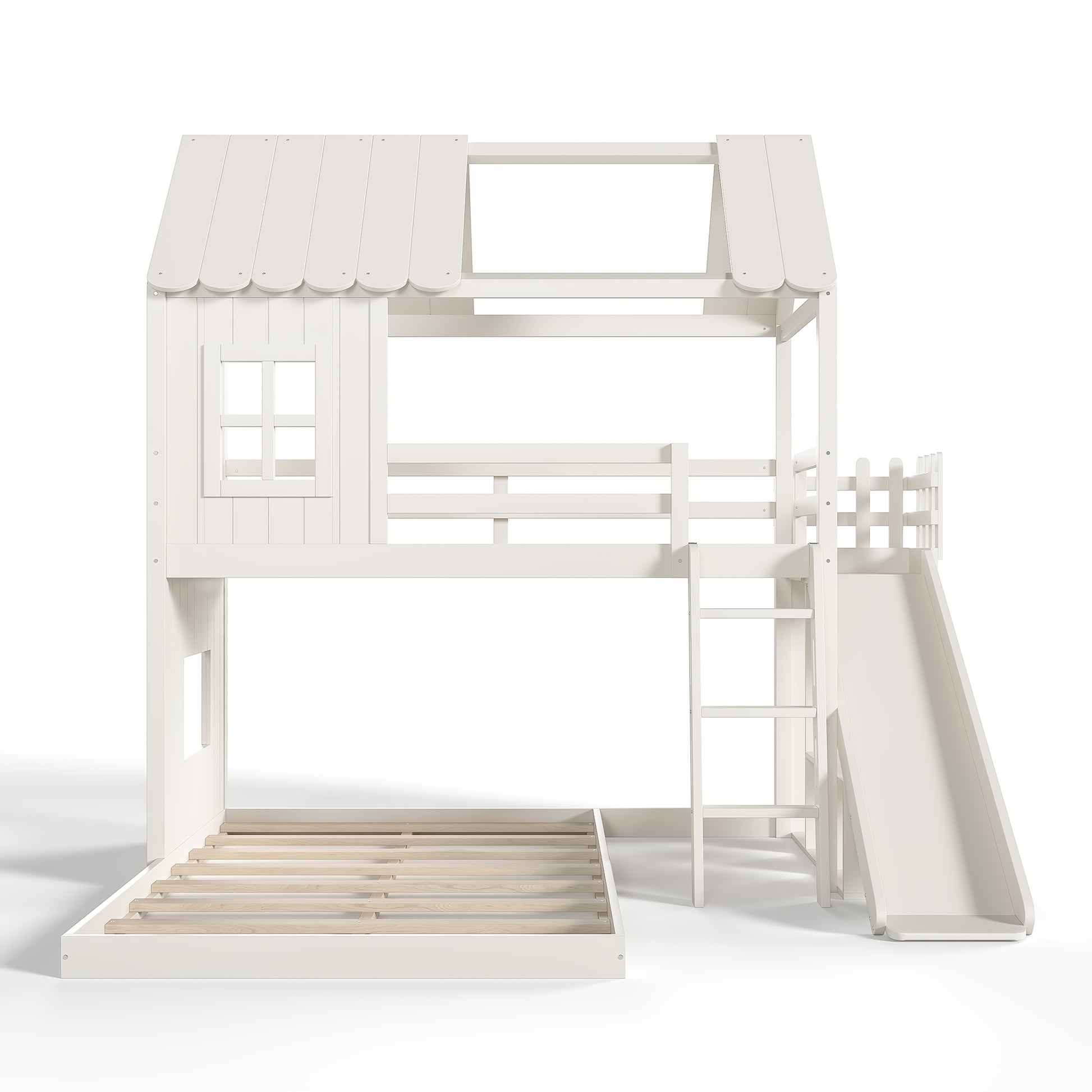 Twin over Full House Bunk Bed with Ladders and Slides, House Floor Bunk Bed with Storage Shelves and Wardrobe, Playhouse Design,Beige image 11
