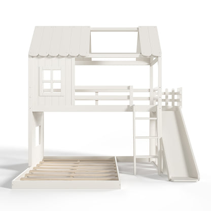 Twin over Full House Bunk Bed with Ladders and Slides, House Floor Bunk Bed with Storage Shelves and Wardrobe, Playhouse Design,Beige image 11