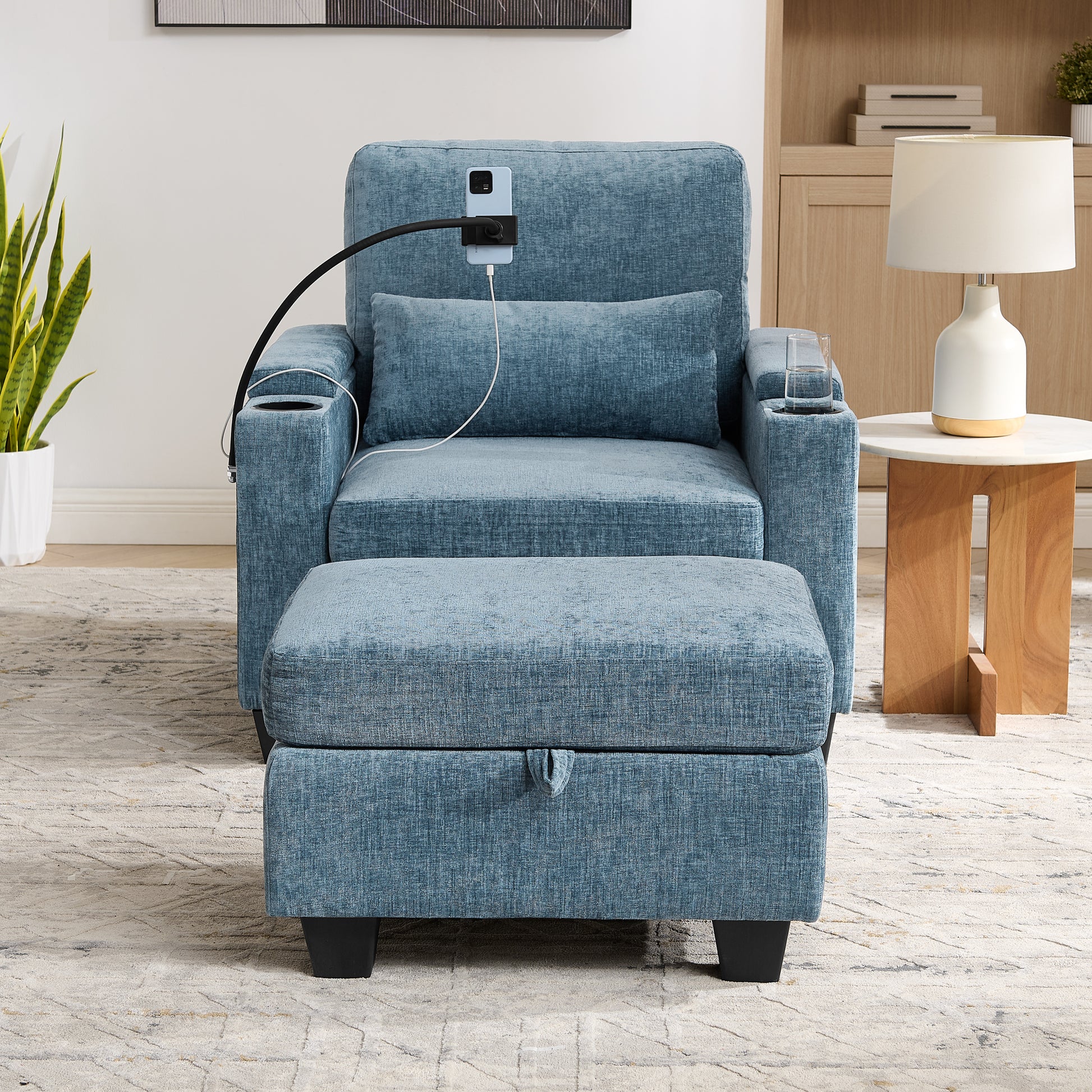 Single sofa recliner with manually adjustable backrest, USB charging port on the armrest side, phone stand included, hidden armrest storage, and a matching storage ottoman-Blue image 5