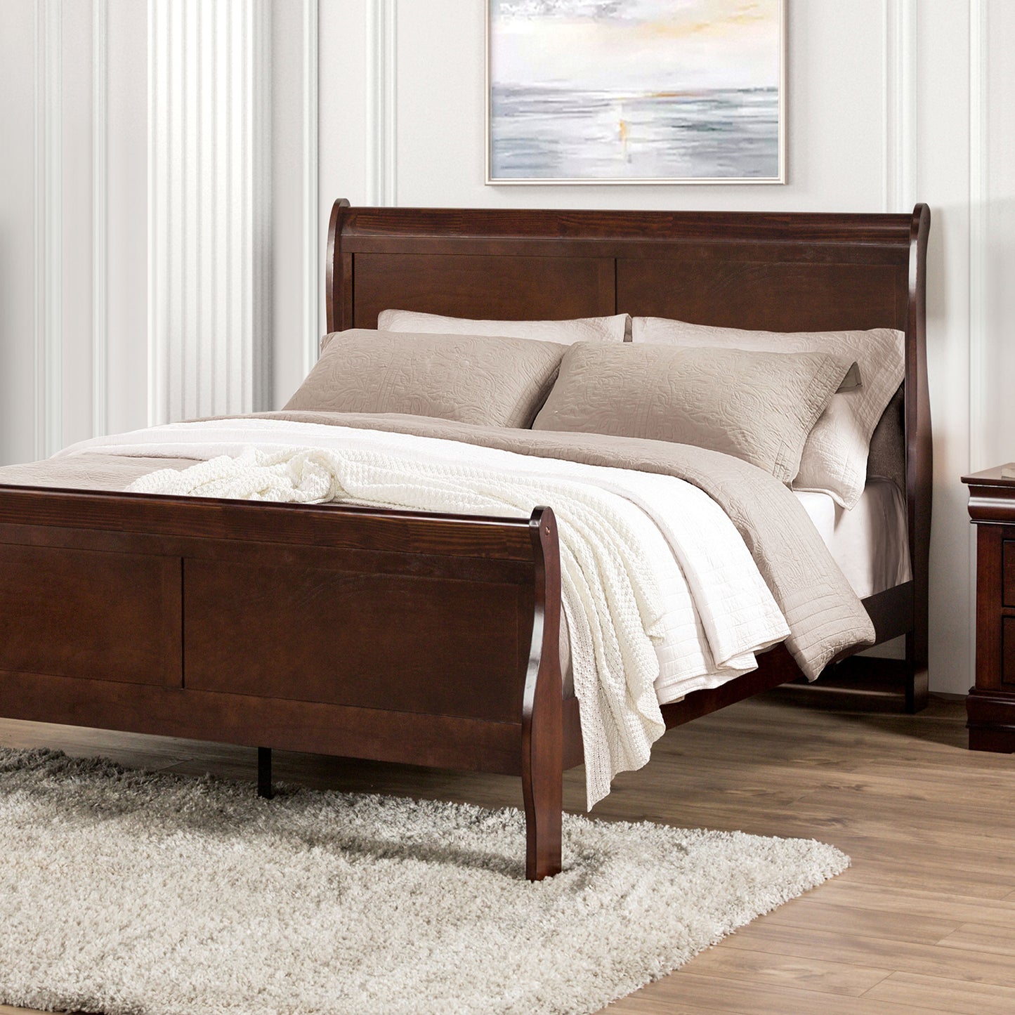 Dark Cherry Sleigh Design 1pc Queen Size Bed Bedroom Furniture Louis Phillipe Bed Bracket Feet Wooden image 1