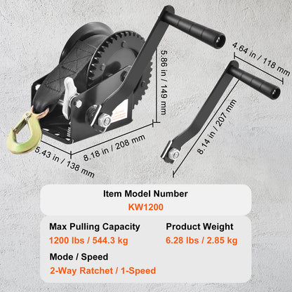 Hand Winch, 1200 lbs Pulling Capacity, Boat Trailer Winch Heavy Duty Rope Crank with 23 ft Polyester Strap and Two-Way Ratchet, Manual Operated Hand Crank Winch for Trailer, Boat or ATV Towing image 5