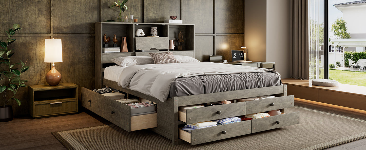 Queen Size Platform Bed with Storage Headboard and 8 Drawers, Gray image 9