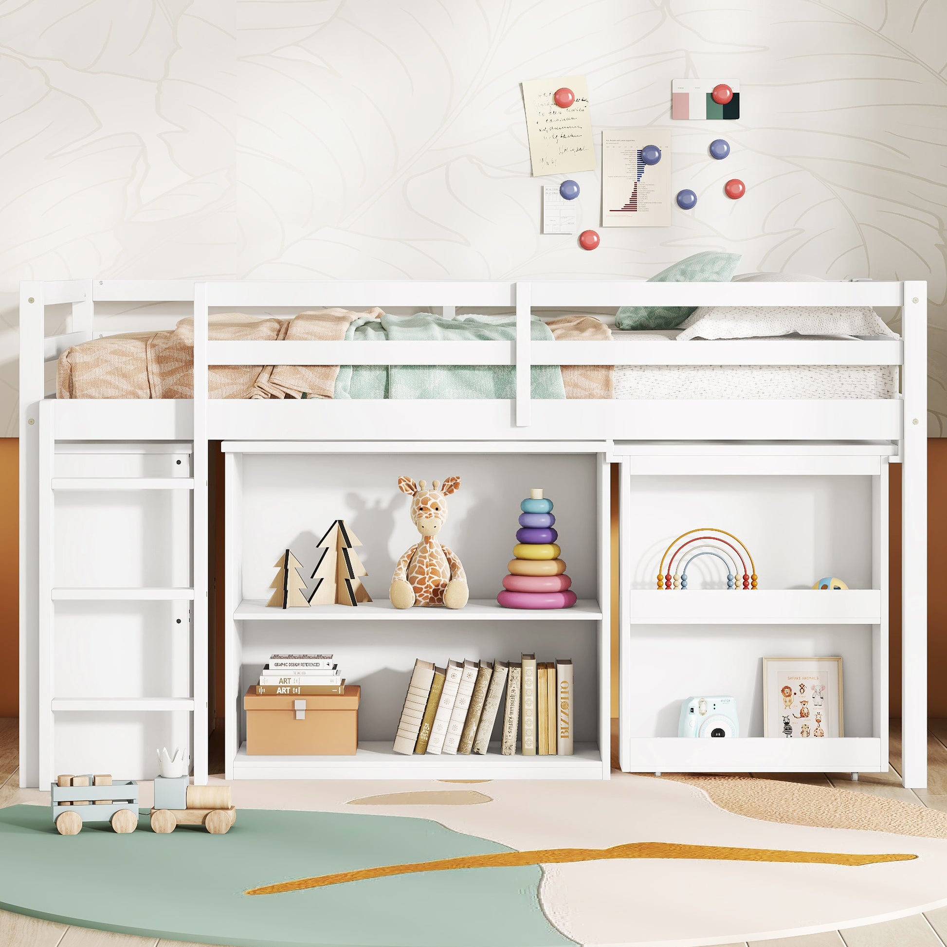 Twin Loft Bed w. stroage case,drawers,Twin Loft Bed with,Drawer Cabinet, Shelf Cabinet and Pulling -Out Desk,Rubber Wood Loft Bed with Safety Guardrail,Ladder,White image 11