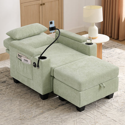 Single sofa recliner with manually adjustable backrest, USB charging port on the armrest side, phone stand included, hidden armrest storage, and a matching storage ottoman-Cyan image 3