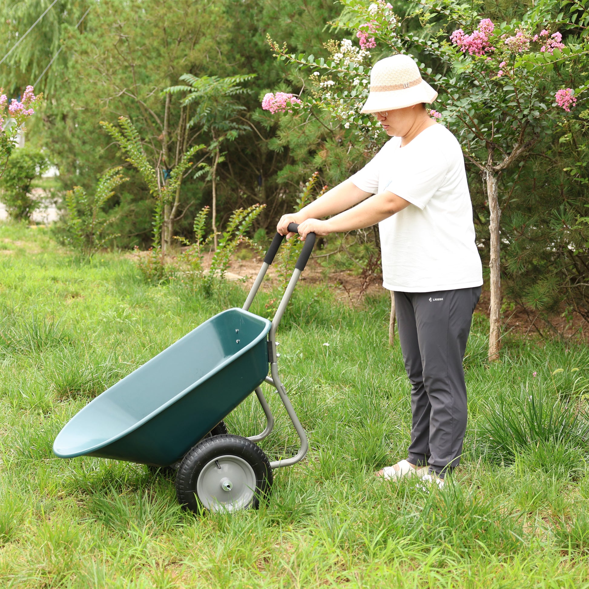 wheel barrow Two wheeled trolley for green garden 15 inch pneumatic wheel WB1001GN image 9