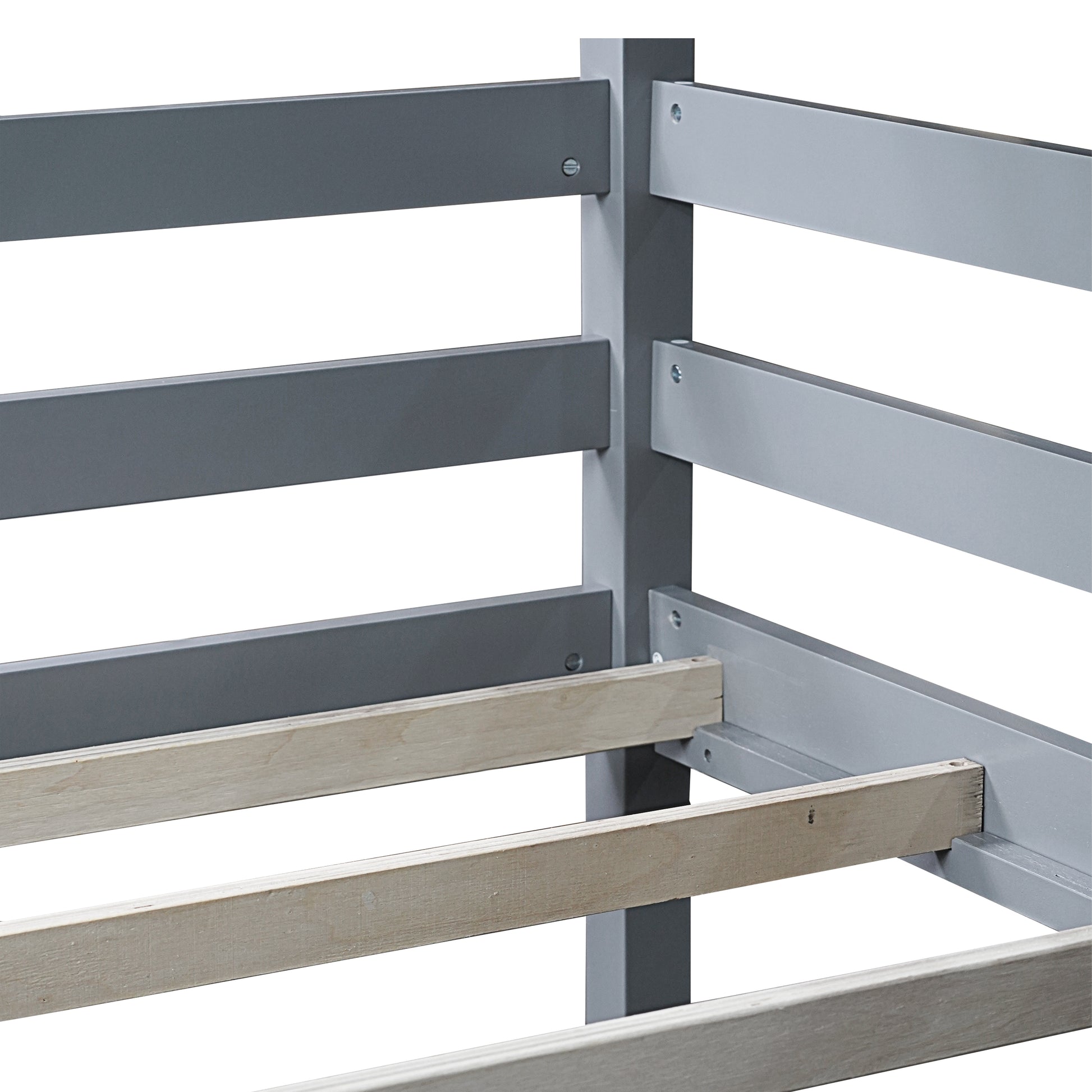 Triple Rubber Wood Bunk Bed with Two Built-in Ladders, Guardrails, Twin over Twin over Twin, Detachable Triple Twin Bunk Bed,Grey image 7