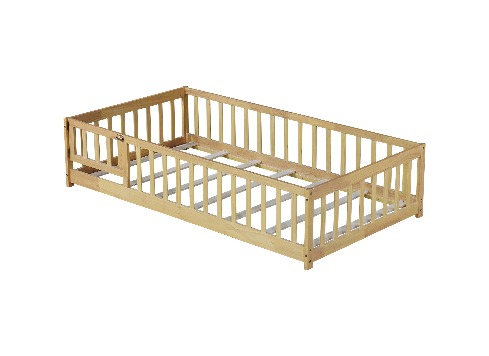Twin Size Floor Bed with Fence and Door,Rubber Wood Floor Bed with Safety Guardrails,Natural (Old Sku W504P296778) image 12