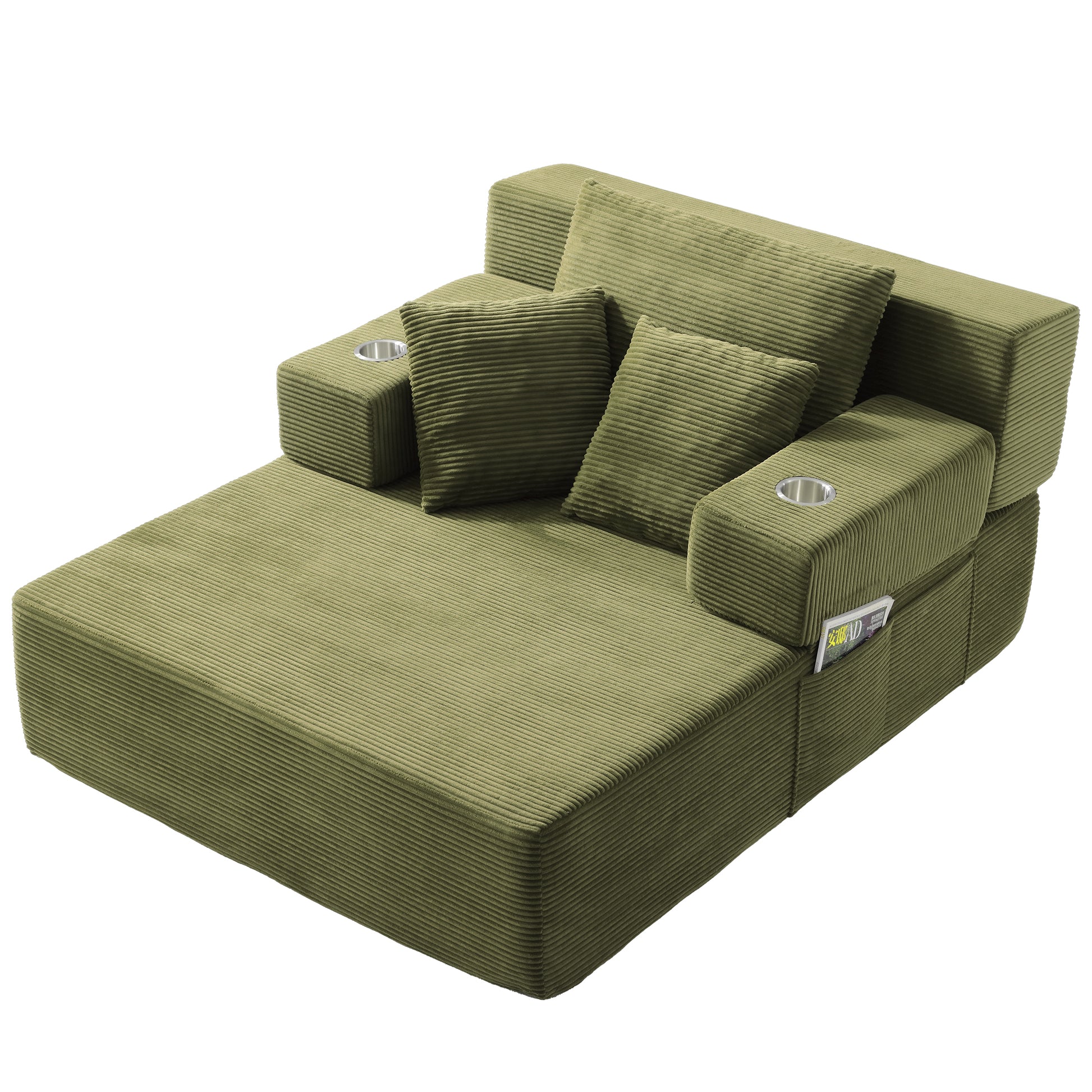 Luxurious Plush Corduroy Chaise Lounge with 3 Pillows, Convertible Sofa Bed with Storage Pocket, Frameless Design & Compression Foam for Small Spaces image 3