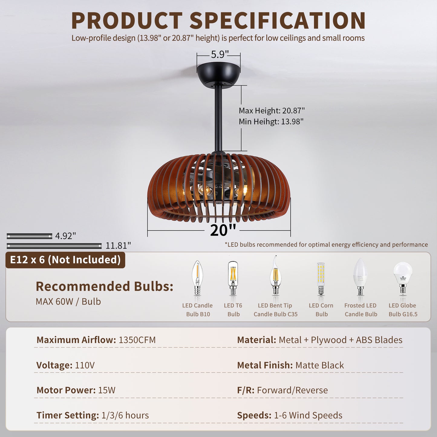 20" Pumpkin Wood Ceiling Fan, Rustic Farmhouse Plywood Fandelier with 6 E12 Sockets, Reversible DC Motor, Adjustable Hanging, 6 Speeds Remote Control Ceiling Fan for Dining Room Kitchen image 7
