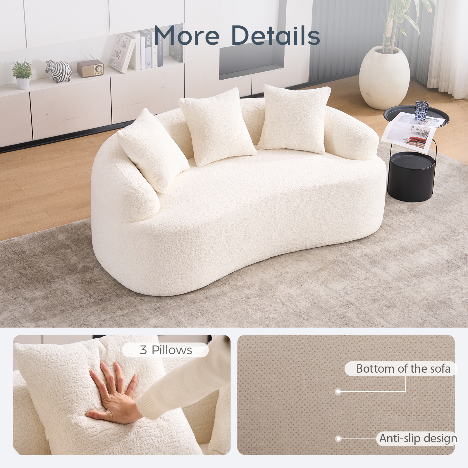 LY-025S Curved Loveseat White Full Compression Sponge Sofa, 30D Chenille No-Assembly Compact Sofa for Small Spaces & Apartments, 65"L, 300 lbs, 3 Pillows image 5
