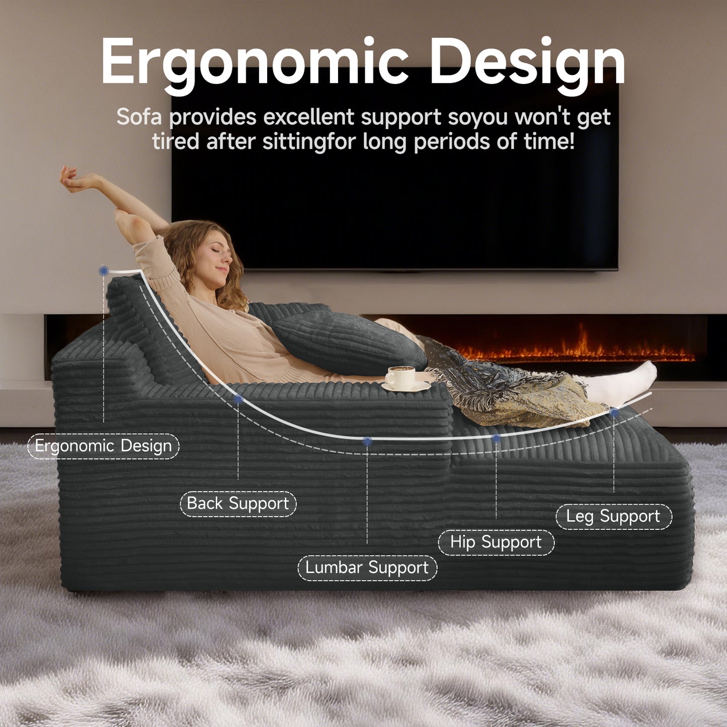 Chaise Lounges,Dark Grey Striped Corduroy Oversized Chaise Sofa, Vacuum Compression Armless Single Lounge Chair with Pillows image 7