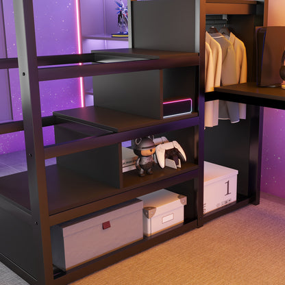 Full Loft Bed with Desk and Charging Station, Full Size Metal Loft Bed with Stairs and Light for Kids Teens, Black image 5