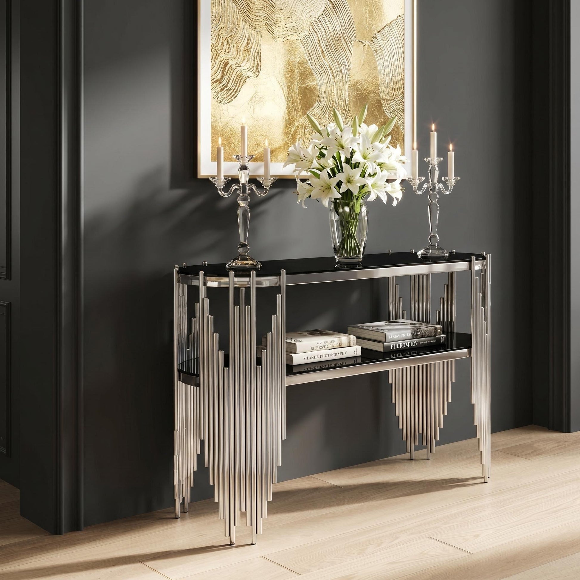 Luxury Silver Console Table with 2-Tier Black Tempered Glass Shelves, Modern Oval Entryway Table for Hallway & Living Room, Polished Stainless Steel Frame, 47" x 15.7" x 31.5" image 9
