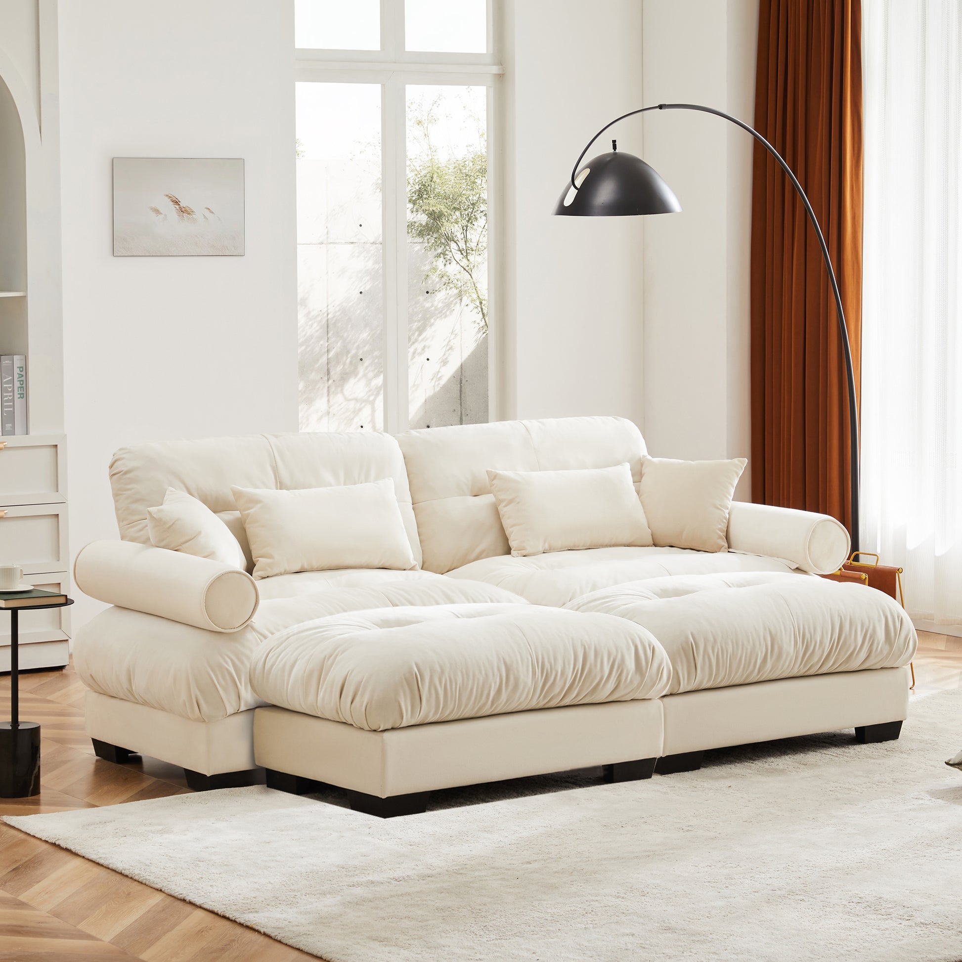 Over Size Modern Two-seater Sofa with Ottoman, Velvet 2-Seater with Round Bolster Armrests,With Waist Pillow and Throw Pillows,Reading Room, Loft and Bedroom,Cream image 2