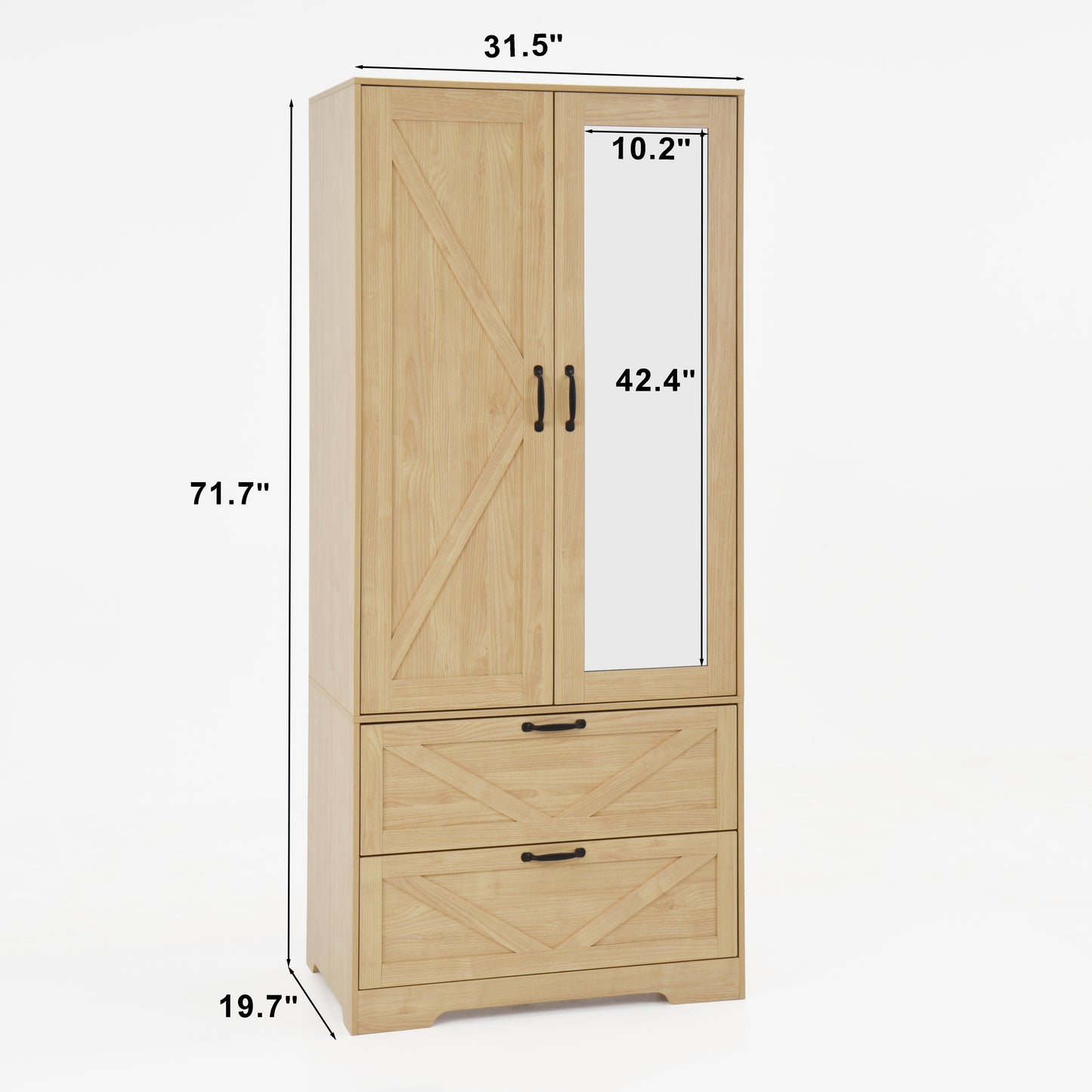 2 Door Wood Wardrobe for Bedroom with Hanging Clothing Rod inside the Cabinet and 2 Drawers for Storage Organization, Built-in induction light Multifunctional Closet with Mirror, Natural image 6