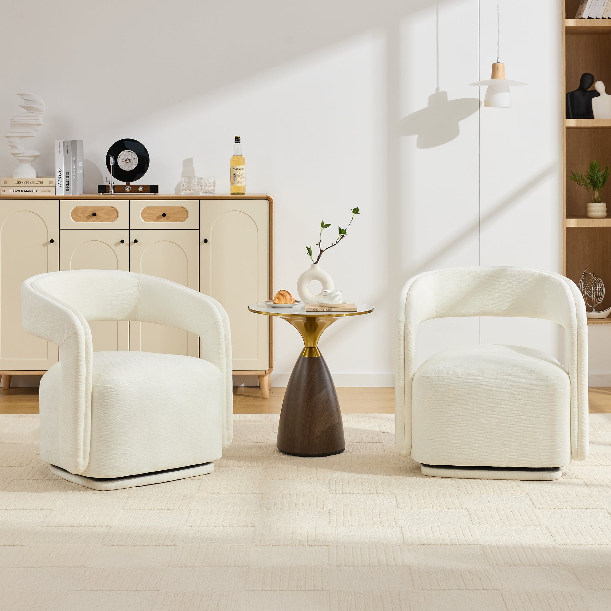 065-Chenille Fabric Swivel Accent Armchair, Comfy Barrel Leisure Chair With Curved Backrest, Upholstered Reading Chair With Black Swivel Base, 22-inch large seat depth and width, White image 9