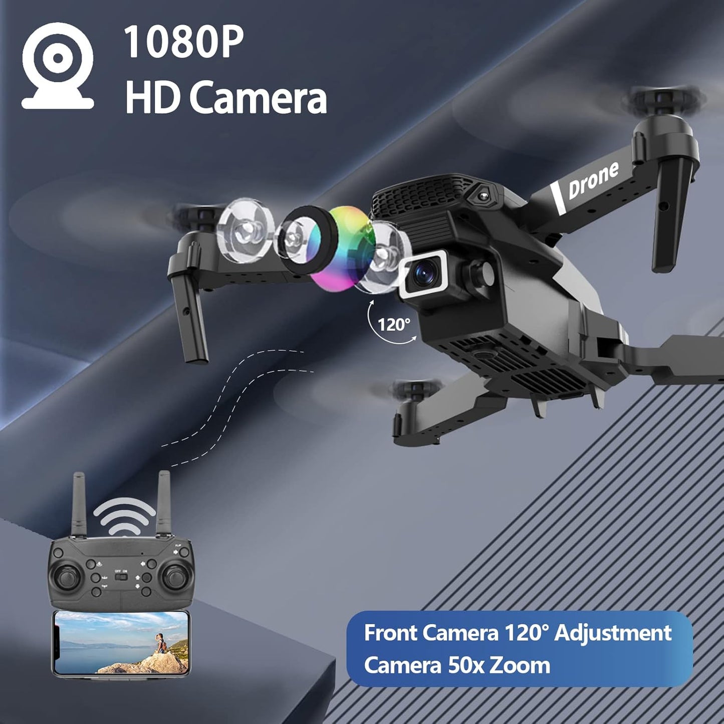 Drone With Camera for Adults Beginners Kids, Foldable RC Quadcopter, Toys Drone, 1080P FPV Video, 2 Batteries, Carrying Case, One Key Start, Headless Mode, Waypoints fly, 360° Flips