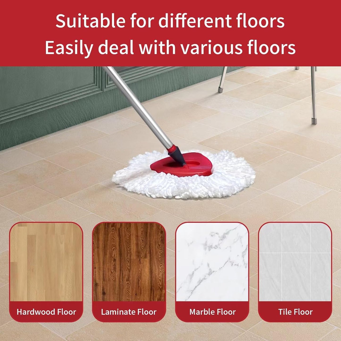Spin Mop Replace Head Base, Handle Compatible with O Cedar EasyWring Microfiber Spin Mop,6 Mop Refills Replacement Heads, 30-58" Mop Handle and 1 Mop Base Combo Set (White,1-Tank System)