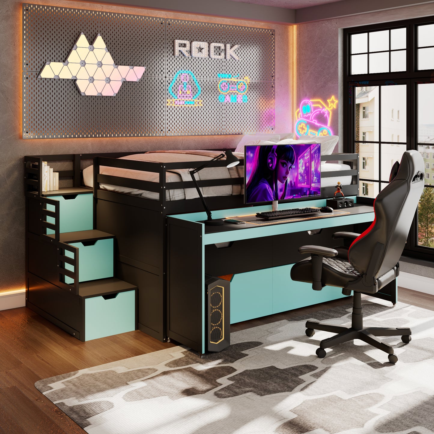 Full XL Loft Bed with Pull-Out Desk and Twin Trundle, Multi-Functional Bunk Bed with 2 Storage Drawers and Storage Steps, Space-Saving Gaming & Workstation Bedframe, Black+Blue image 1
