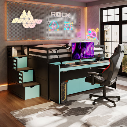 Full XL Loft Bed with Pull-Out Desk and Twin Trundle, Multi-Functional Bunk Bed with 2 Storage Drawers and Storage Steps, Space-Saving Gaming & Workstation Bedframe, Black+Blue image 1