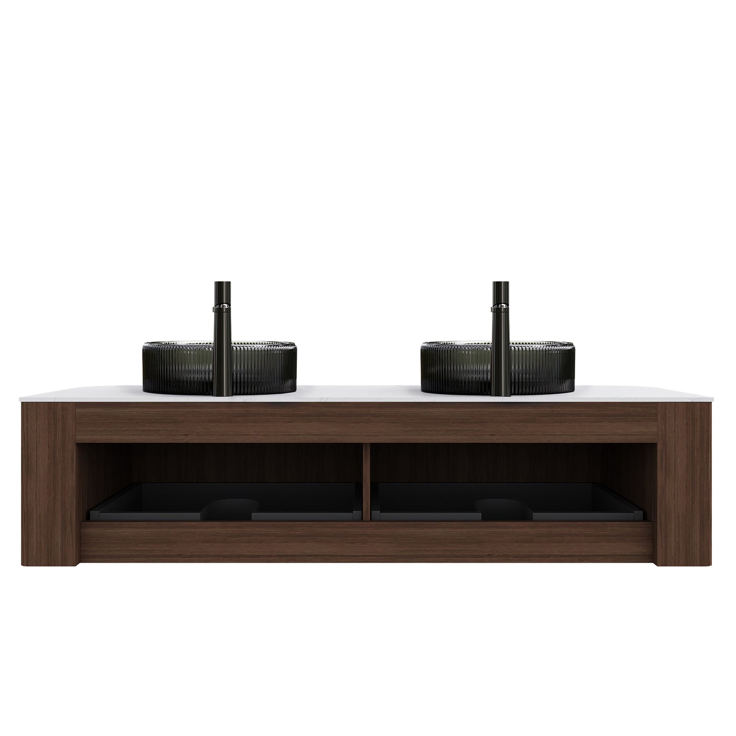 DINA 60" Bathroom Vanity&Sinks, Floating Curved Edges Striped Storage Cabinet with 2 Drawers, 2 Transparent Black Round Glass Basins&Carrara White Sintered Top, Pre-assembled, Dark Walnut Woodgrain image 4