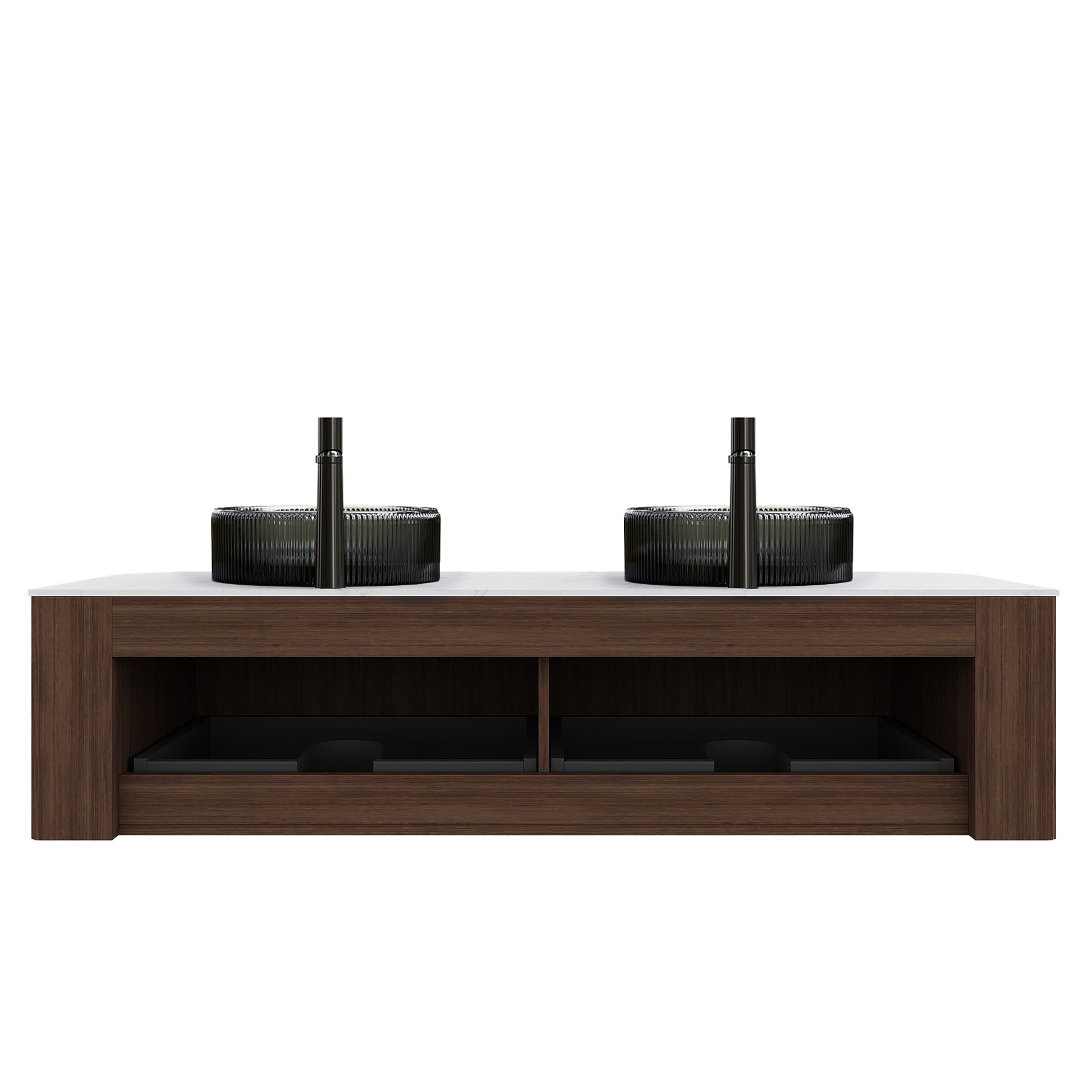 DINA 60" Bathroom Vanity&Sinks, Floating Curved Edges Striped Storage Cabinet with 2 Drawers, 2 Transparent Black Round Glass Basins&Carrara White Sintered Top, Pre-assembled, Dark Walnut Woodgrain image 4