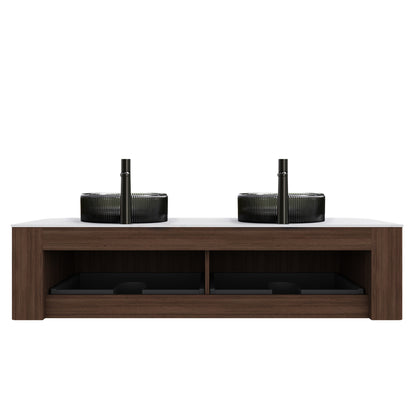 DINA 60" Bathroom Vanity&Sinks, Floating Curved Edges Striped Storage Cabinet with 2 Drawers, 2 Transparent Black Round Glass Basins&Carrara White Sintered Top, Pre-assembled, Dark Walnut Woodgrain image 4